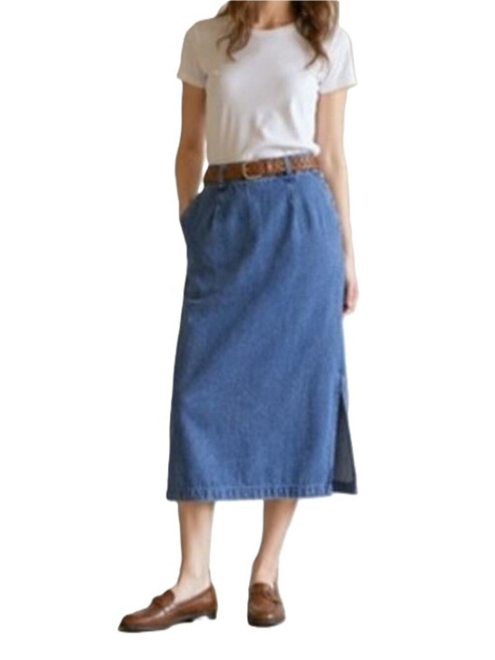Eddie Bauer Denim Skirt 30" Waist Blue Midi Side Button Detail Slit Vintage 90s